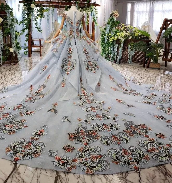 Ball Gown Blue Cap Sleeve Long Prom Dress Lace up Beading Quinceanera Dress N1997