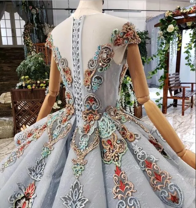 Ball Gown Blue Cap Sleeve Long Prom Dress Lace up Beading Quinceanera Dress N1997