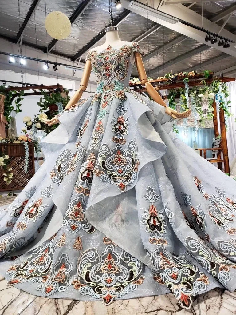 Ball Gown Blue Cap Sleeve Long Prom Dress Lace up Beading Quinceanera Dress N1997