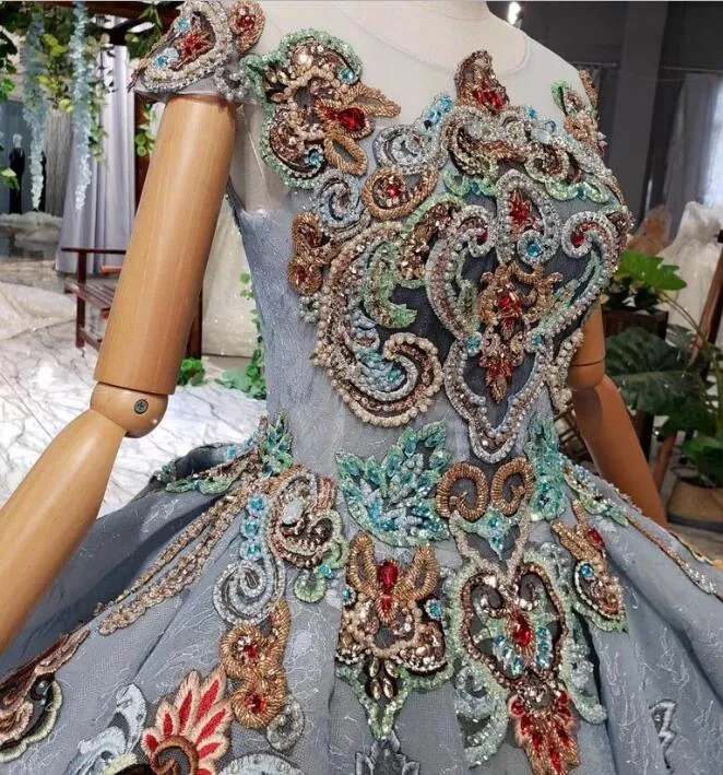 Ball Gown Blue Cap Sleeve Long Prom Dress Lace up Beading Quinceanera Dress N1997