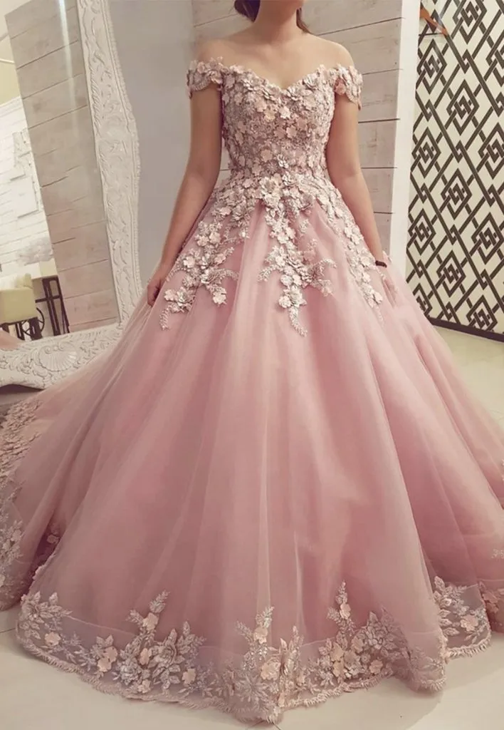 Ball Gown Off Shoulder Pink Lace Long Prom Dresses, Evening Dress SJ211170