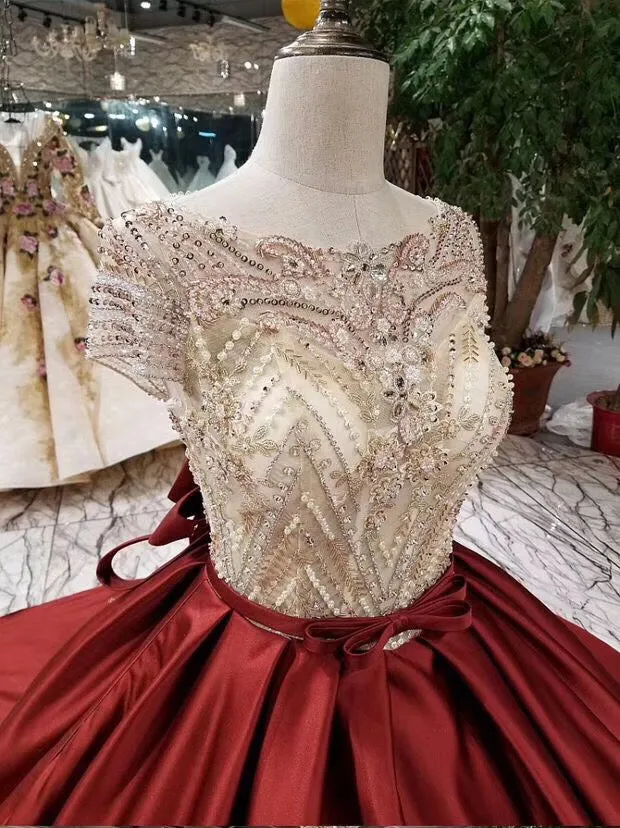 Ball Gown Satin Prom Dress with Beading Long Formal Dress with Short Sleeves N1892