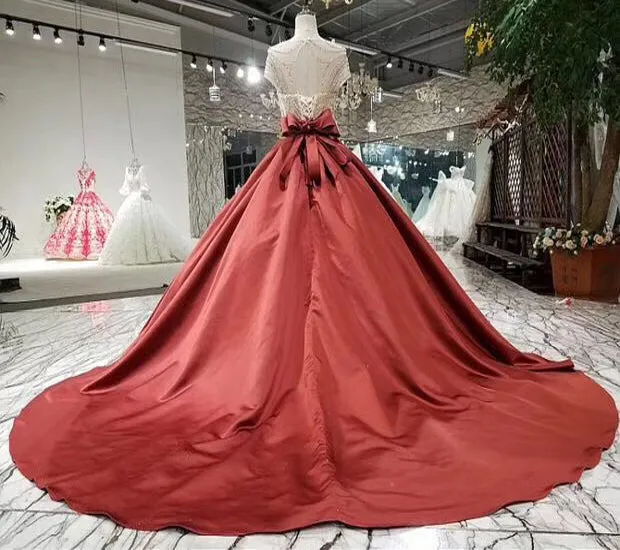 Ball Gown Satin Prom Dress with Beading Long Formal Dress with Short Sleeves N1892