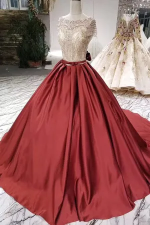 Ball Gown Satin Prom Dress with Beading Long Formal Dress with Short Sleeves N1892