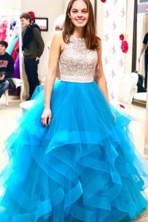 Beaded Organza Ruffles Ice Blue Ball Gown Prom Dress PFP0138
