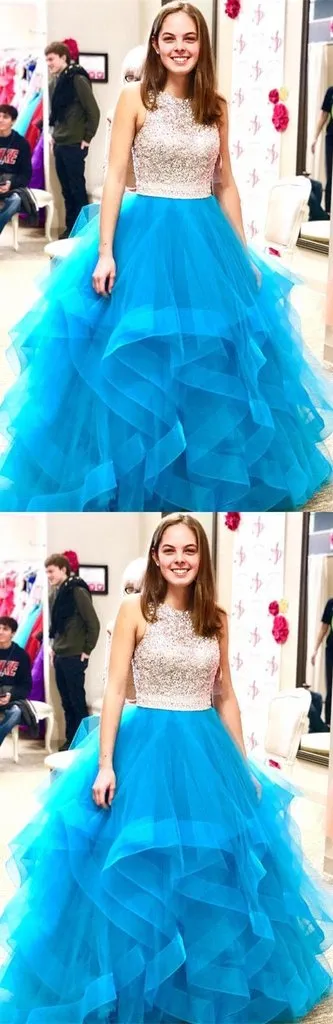 Beaded Organza Ruffles Ice Blue Ball Gown Prom Dress PFP0138