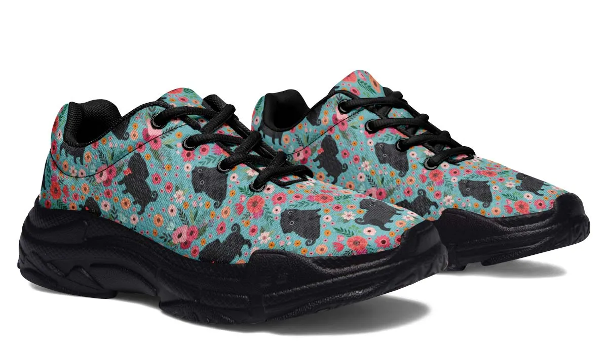 Black Pug Flower Chunky Sneakers