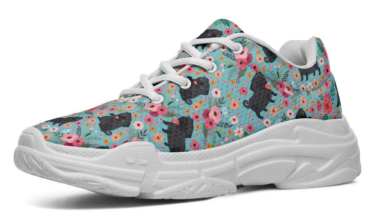 Black Pug Flower Chunky Sneakers