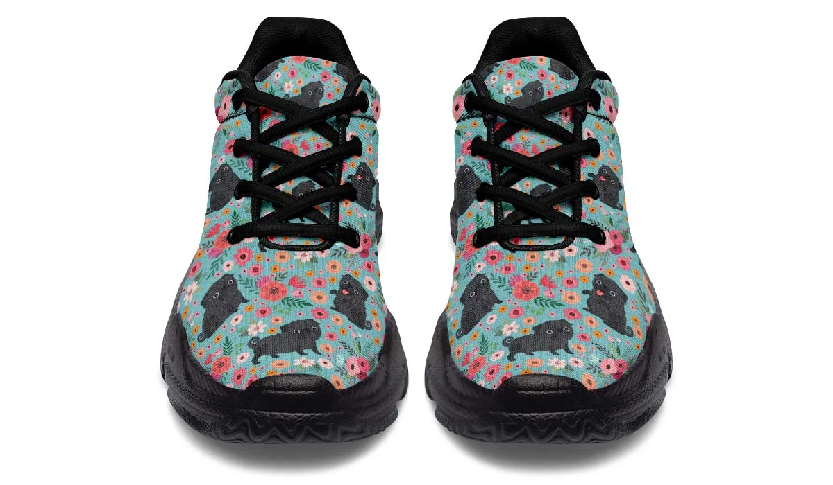 Black Pug Flower Chunky Sneakers