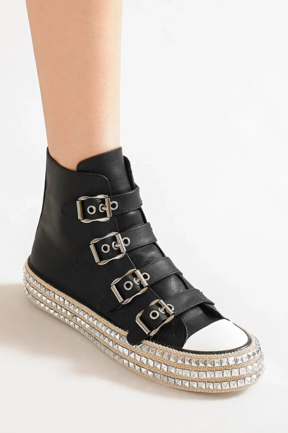 Black Vegan Leather Buckle Studded Platform Sneakers