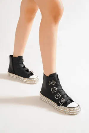 Black Vegan Leather Buckle Studded Platform Sneakers
