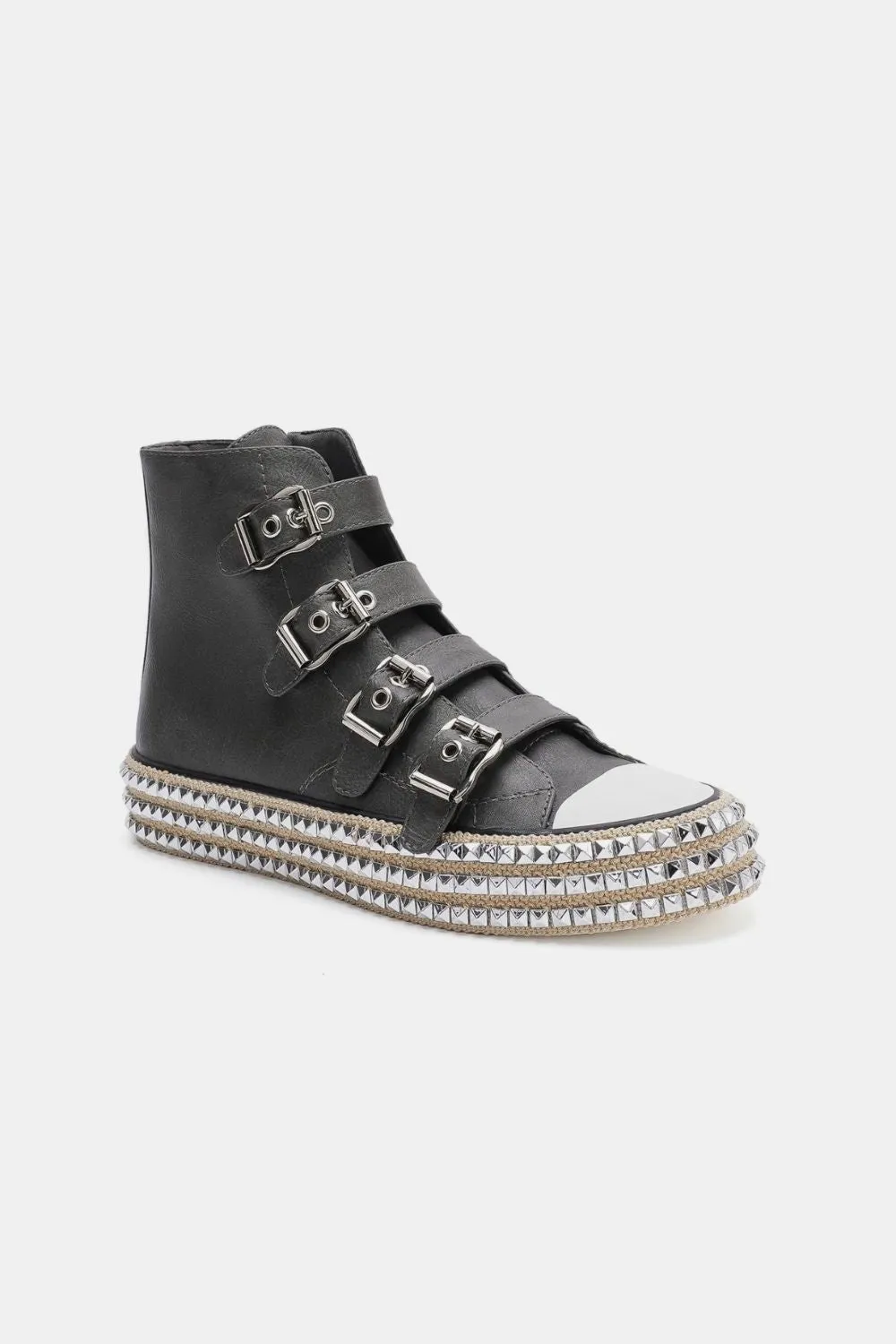 Black Vegan Leather Buckle Studded Platform Sneakers