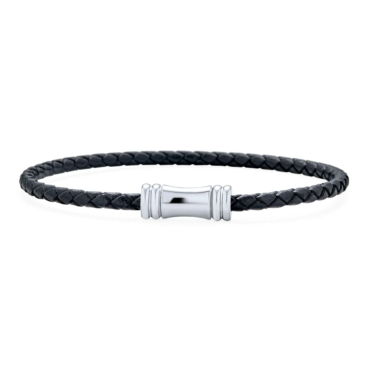 Black Woven Multi Strand Leather Bracelet with Silver Tone Clasp
