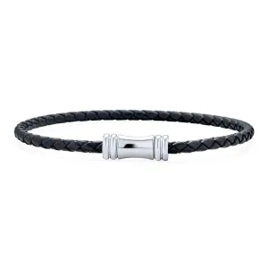 Black Woven Multi Strand Leather Bracelet with Silver Tone Clasp
