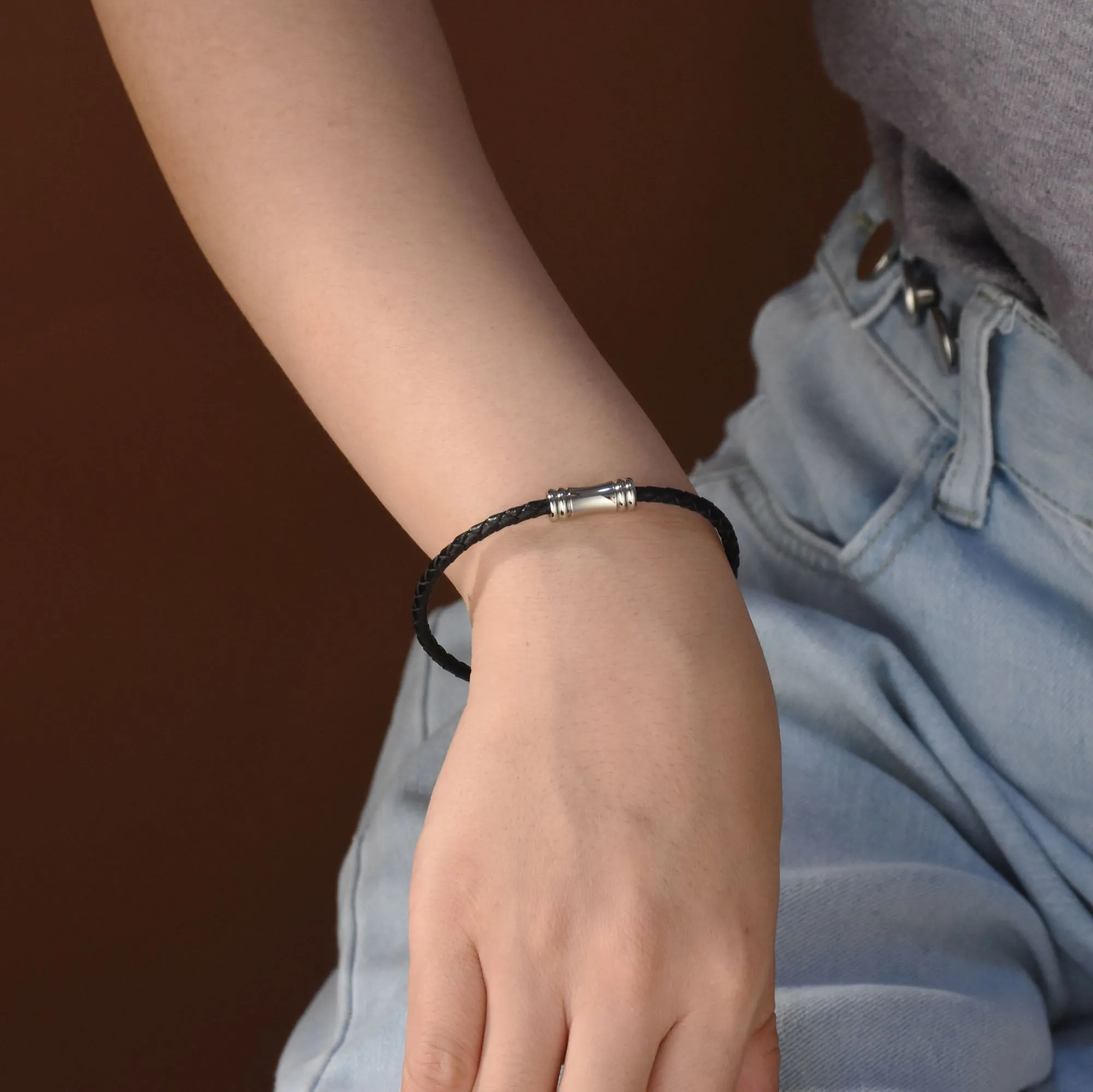 Black Woven Multi Strand Leather Bracelet with Silver Tone Clasp