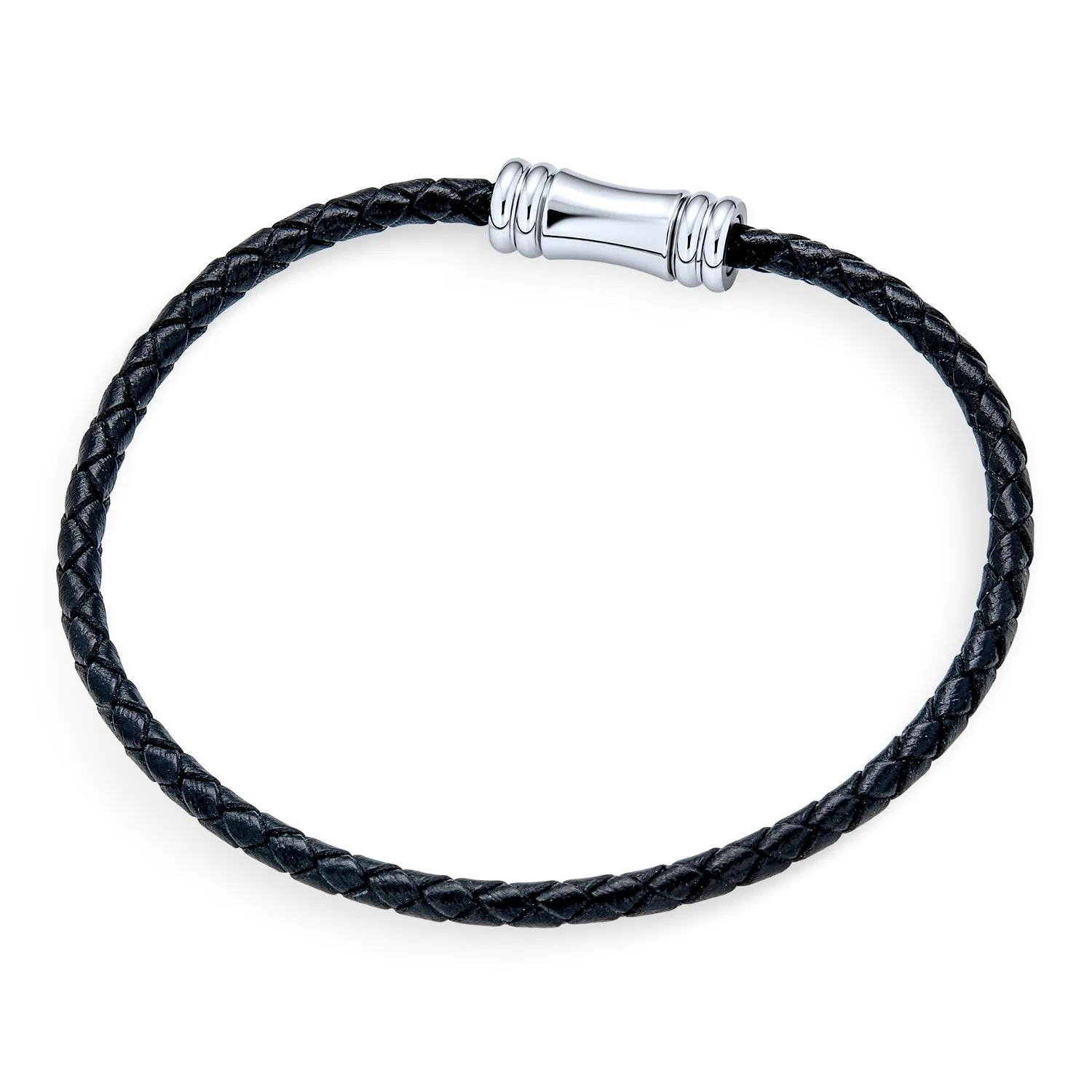 Black Woven Multi Strand Leather Bracelet with Silver Tone Clasp