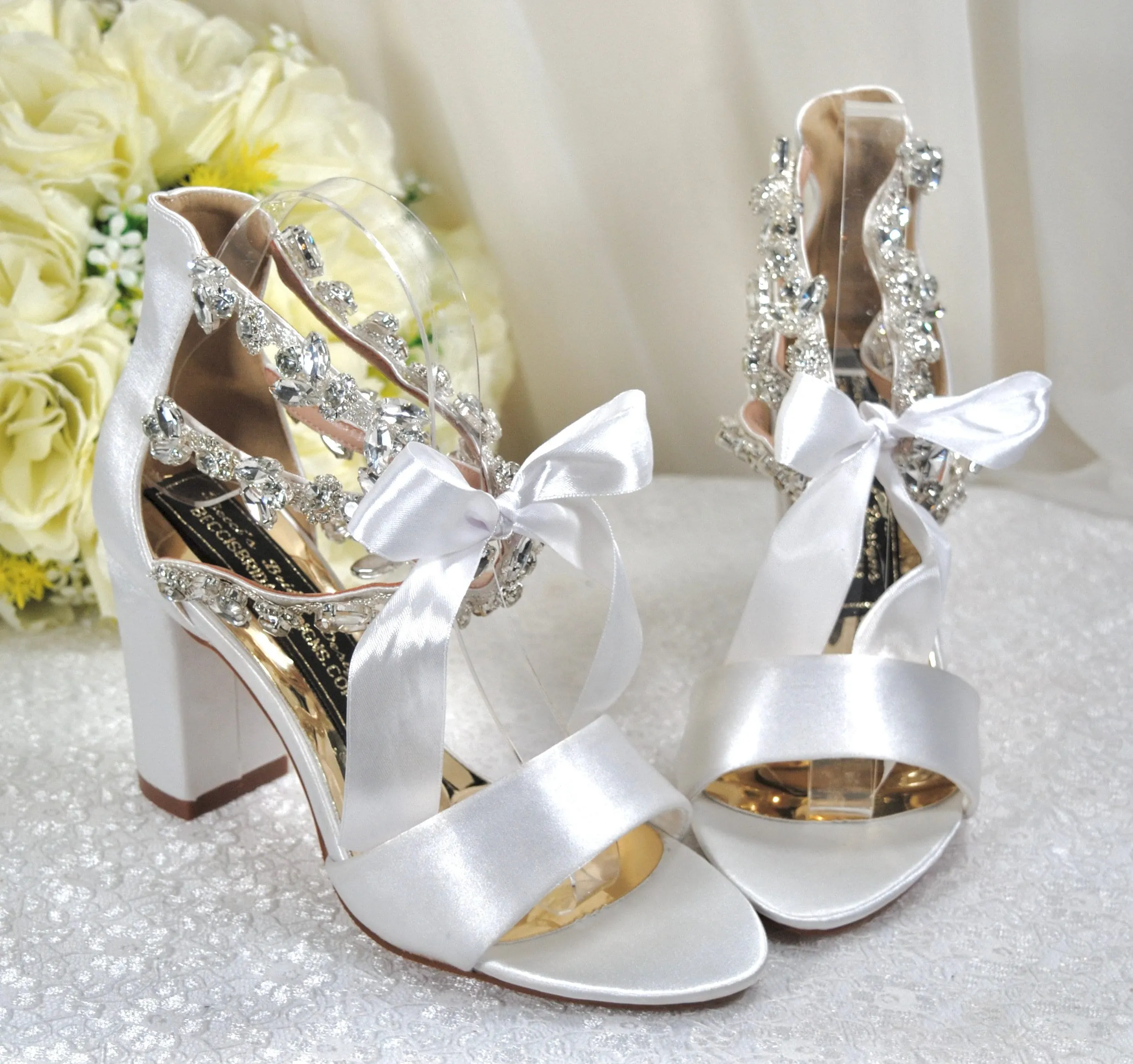 Block Heel Wedding Shoes with Crystal Ankle Strap Size UK5/US7.5