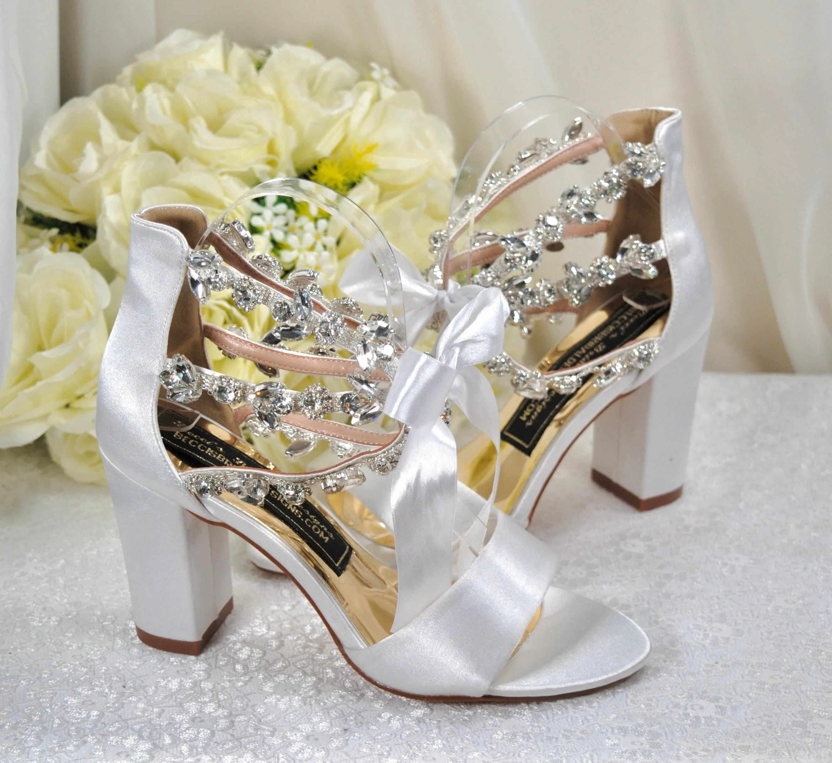 Block Heel Wedding Shoes with Crystal Ankle Strap Size UK5/US7.5