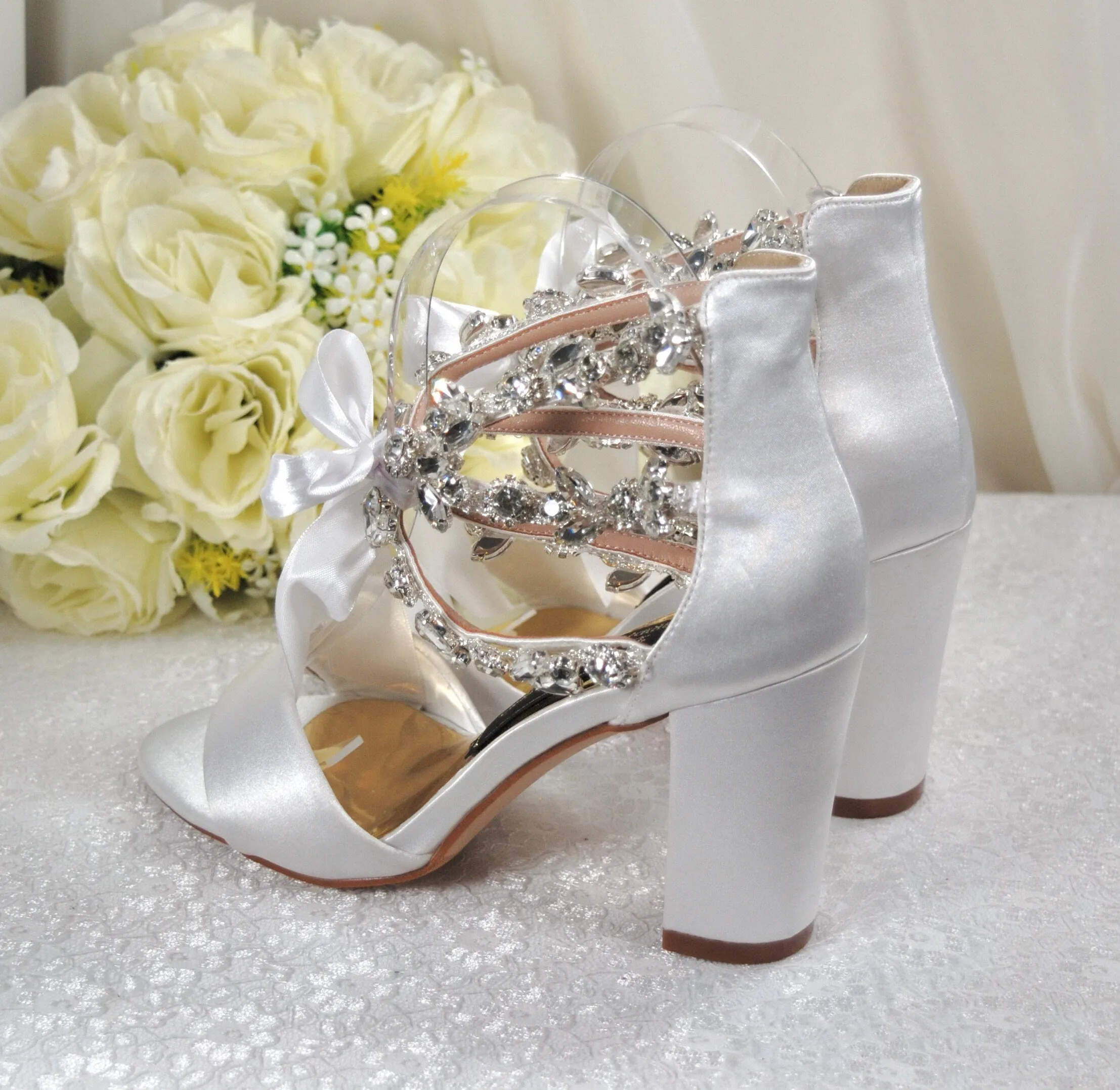Block Heel Wedding Shoes with Crystal Ankle Strap Size UK5/US7.5