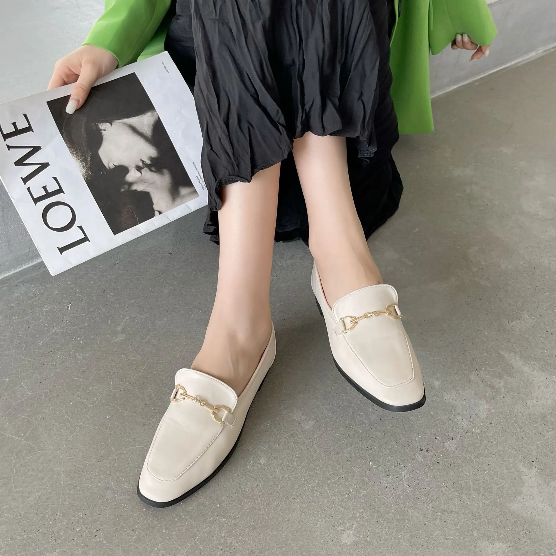 British Style Metal Buckle Loafer Flats