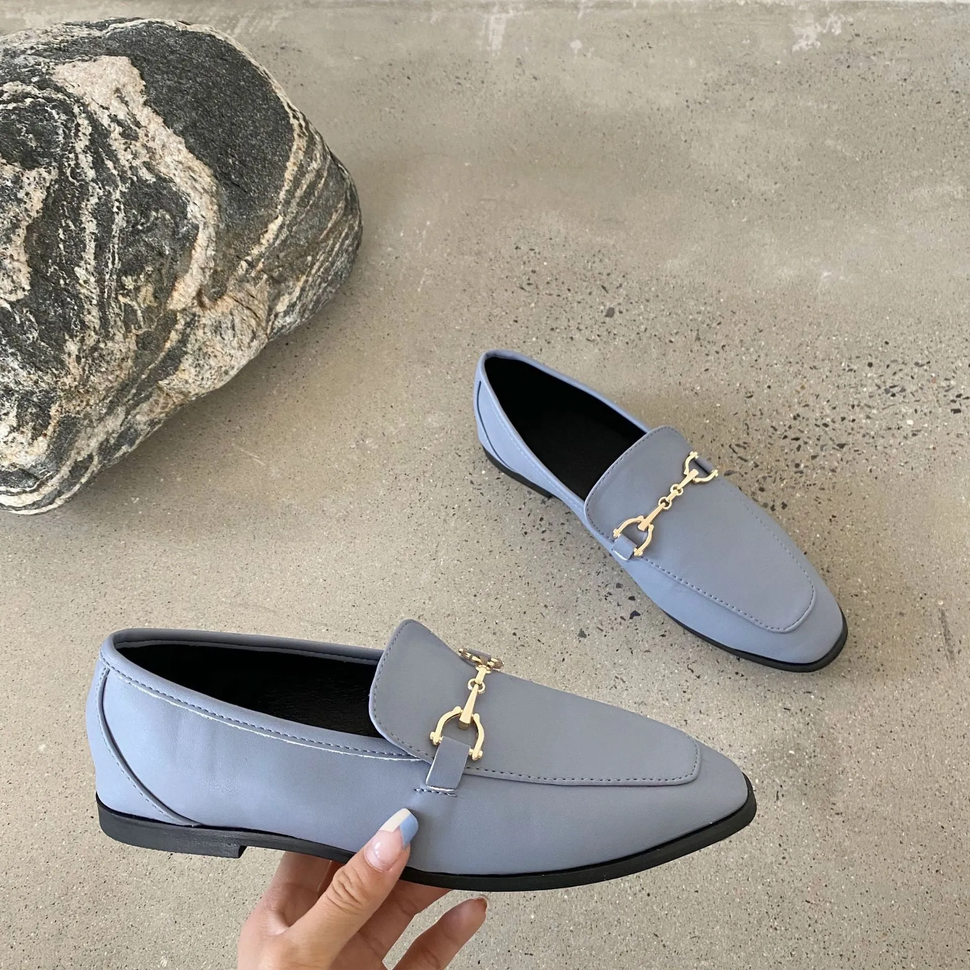 British Style Metal Buckle Loafer Flats