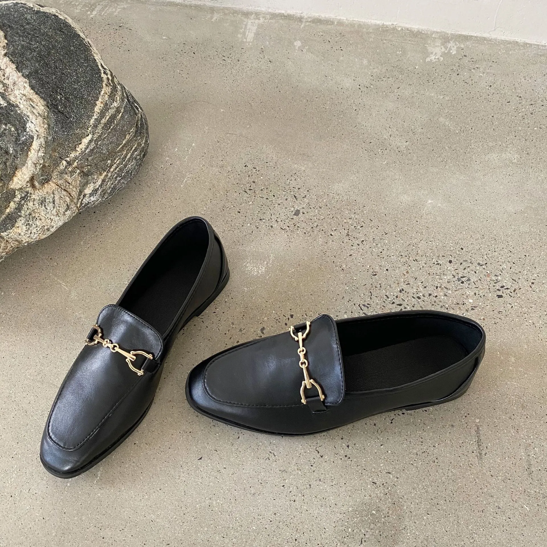 British Style Metal Buckle Loafer Flats