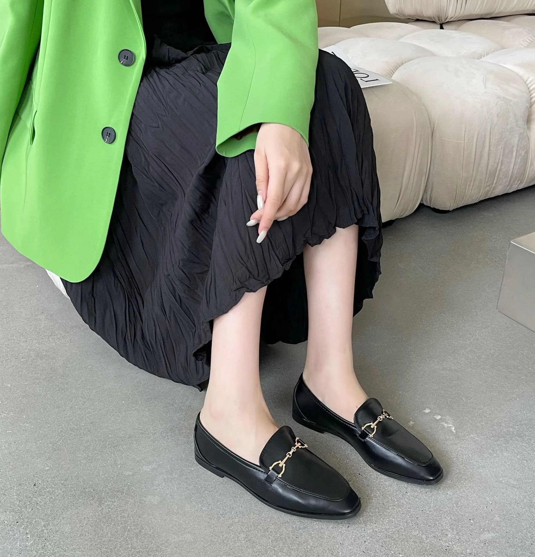 British Style Metal Buckle Loafer Flats