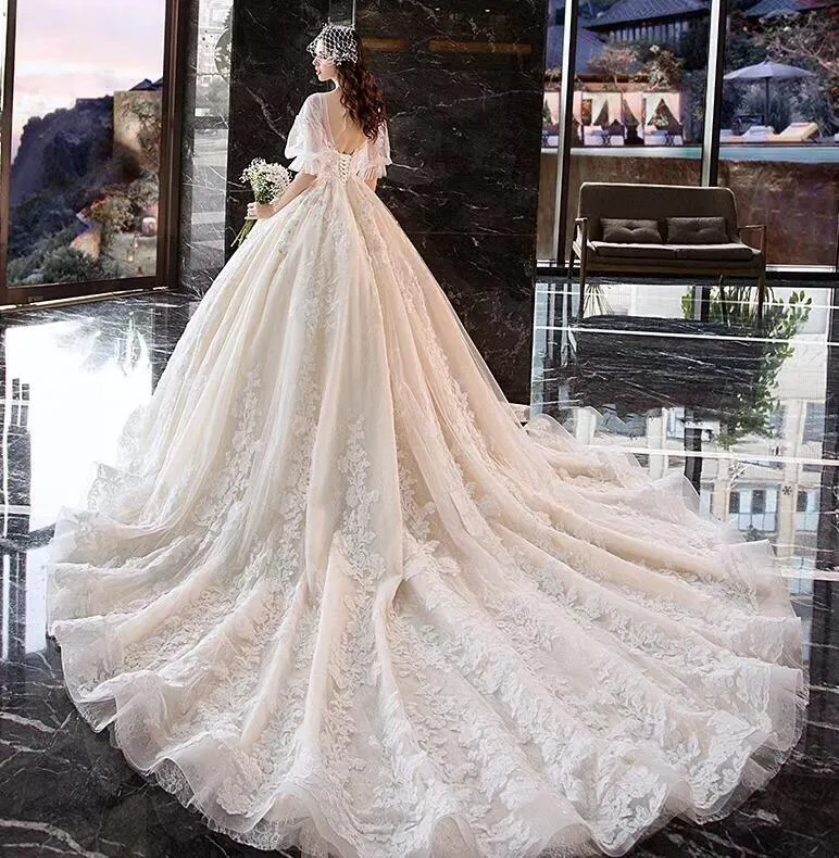 Charming Half Sleeves Ball Gown V Neck Wedding Dress Princess Bridal Dress N1626