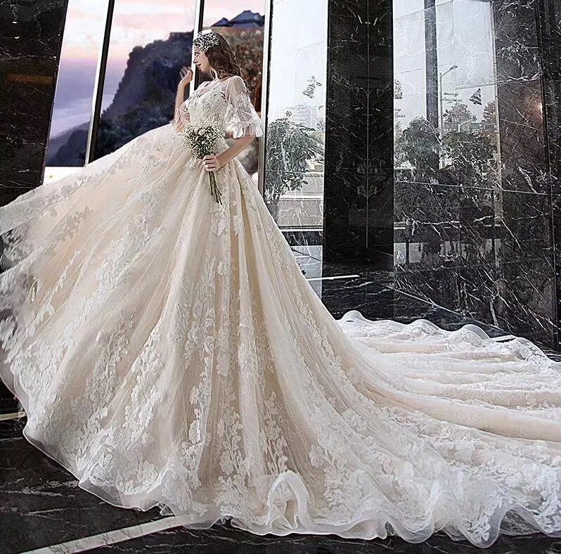 Charming Half Sleeves Ball Gown V Neck Wedding Dress,Princess Bridal Dress N1626