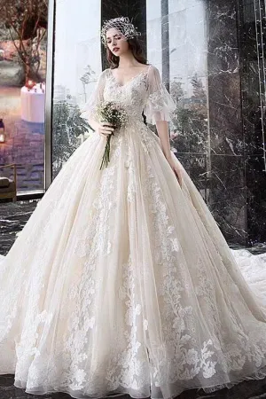 Charming Half Sleeves Ball Gown V Neck Wedding Dress,Princess Bridal Dress N1626