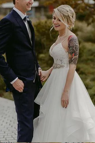 Charming Lace Ruffles Tulle Puffy Spaghetti Strap Beach Wedding Dress N1773