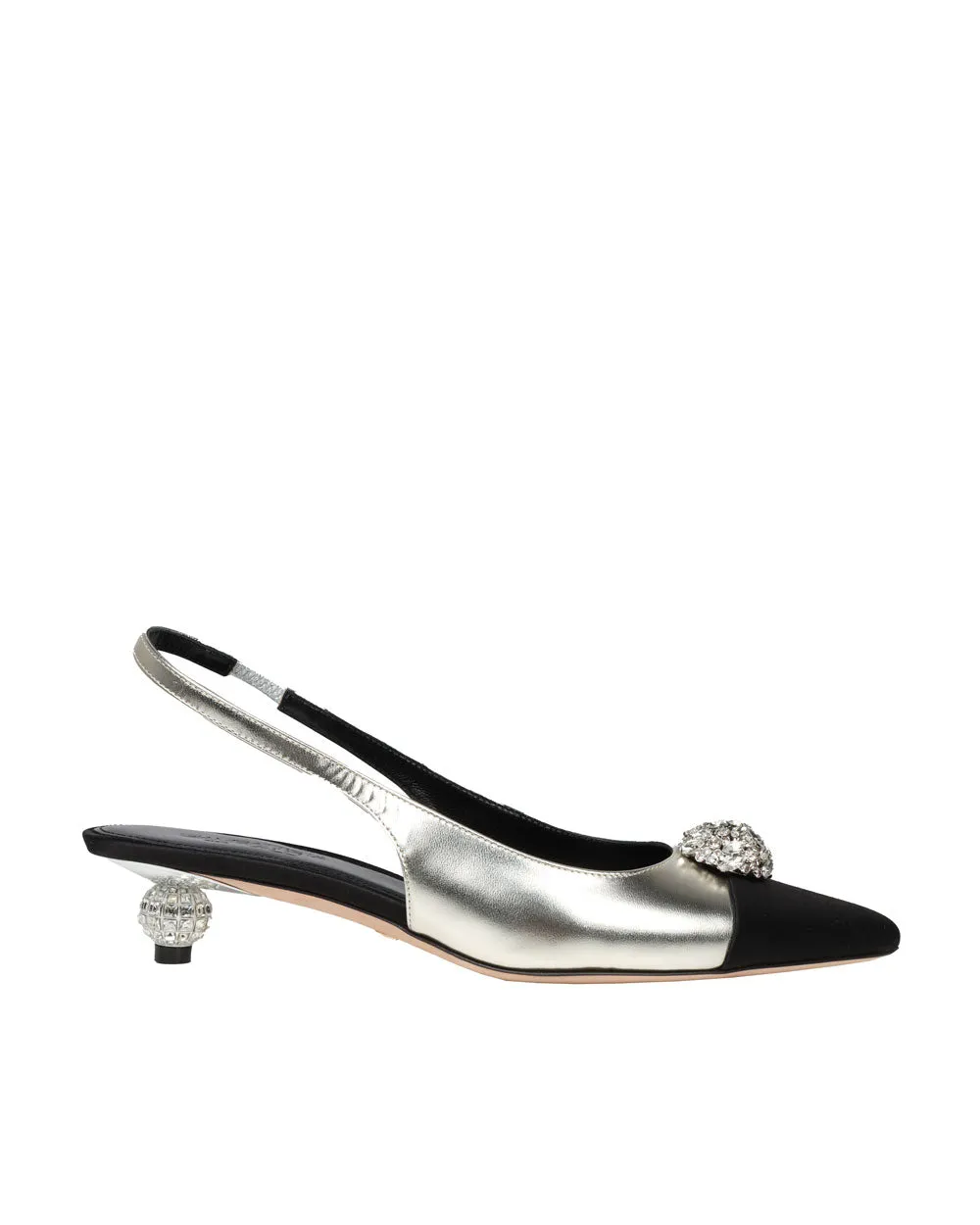 Crystal Button Laminated Leather Slingback in Silver