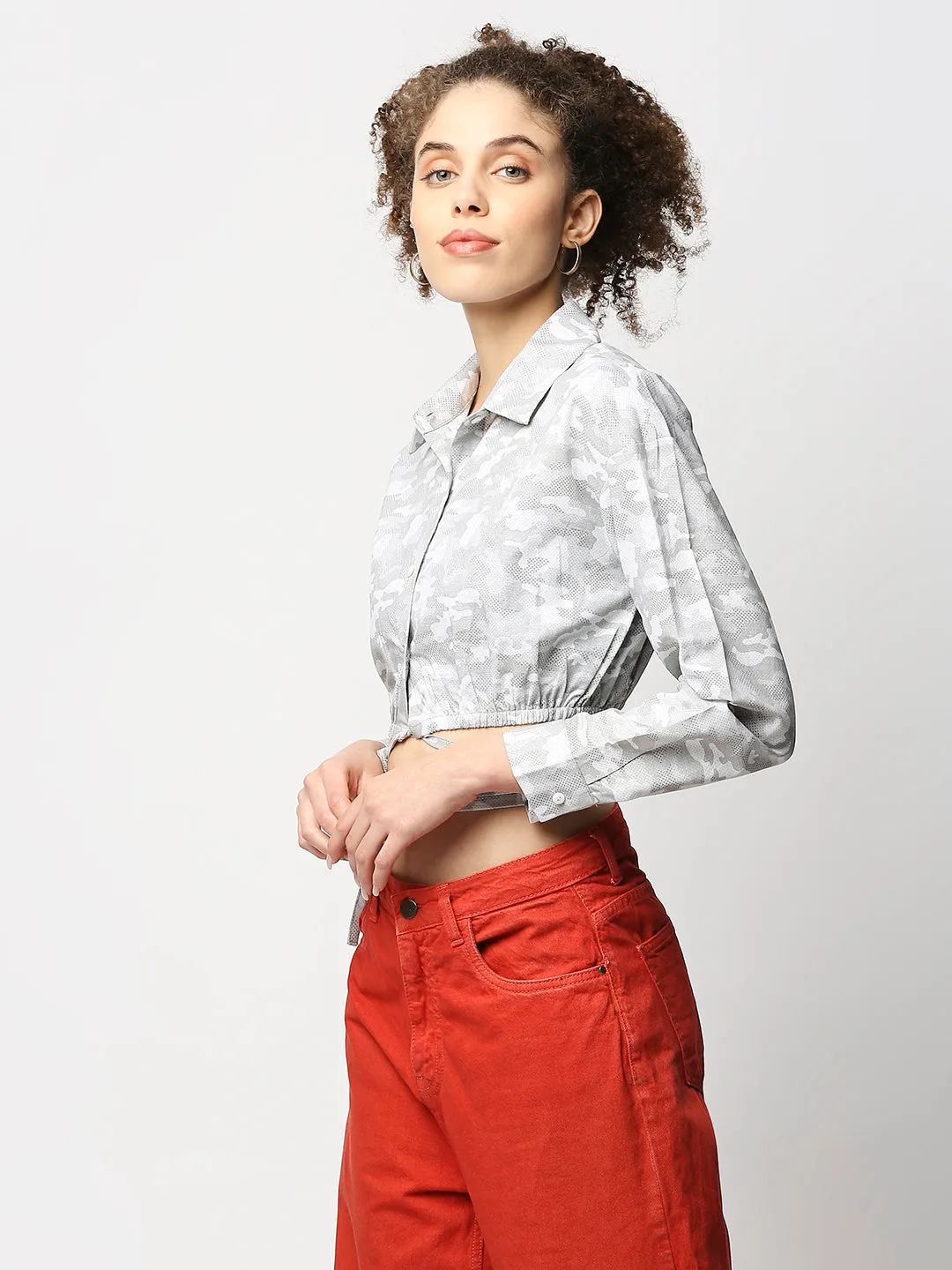 Disrupt Women Grey Camouflage Tie-up Cropped Shirt