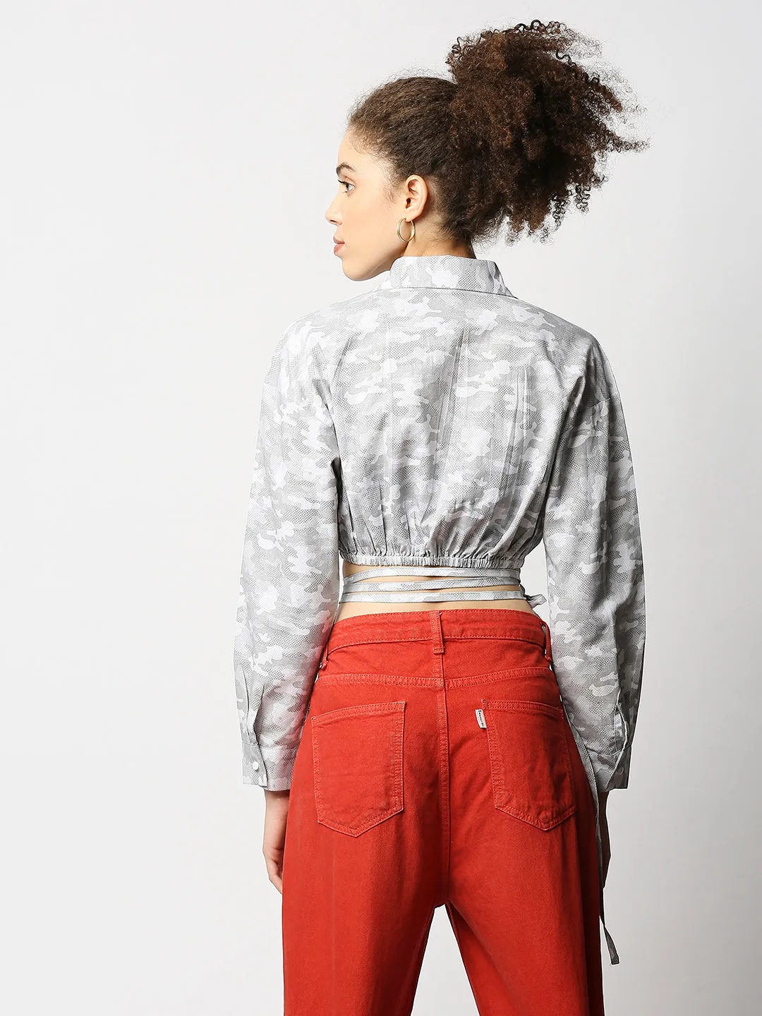 Disrupt Women Grey Camouflage Tie-up Cropped Shirt