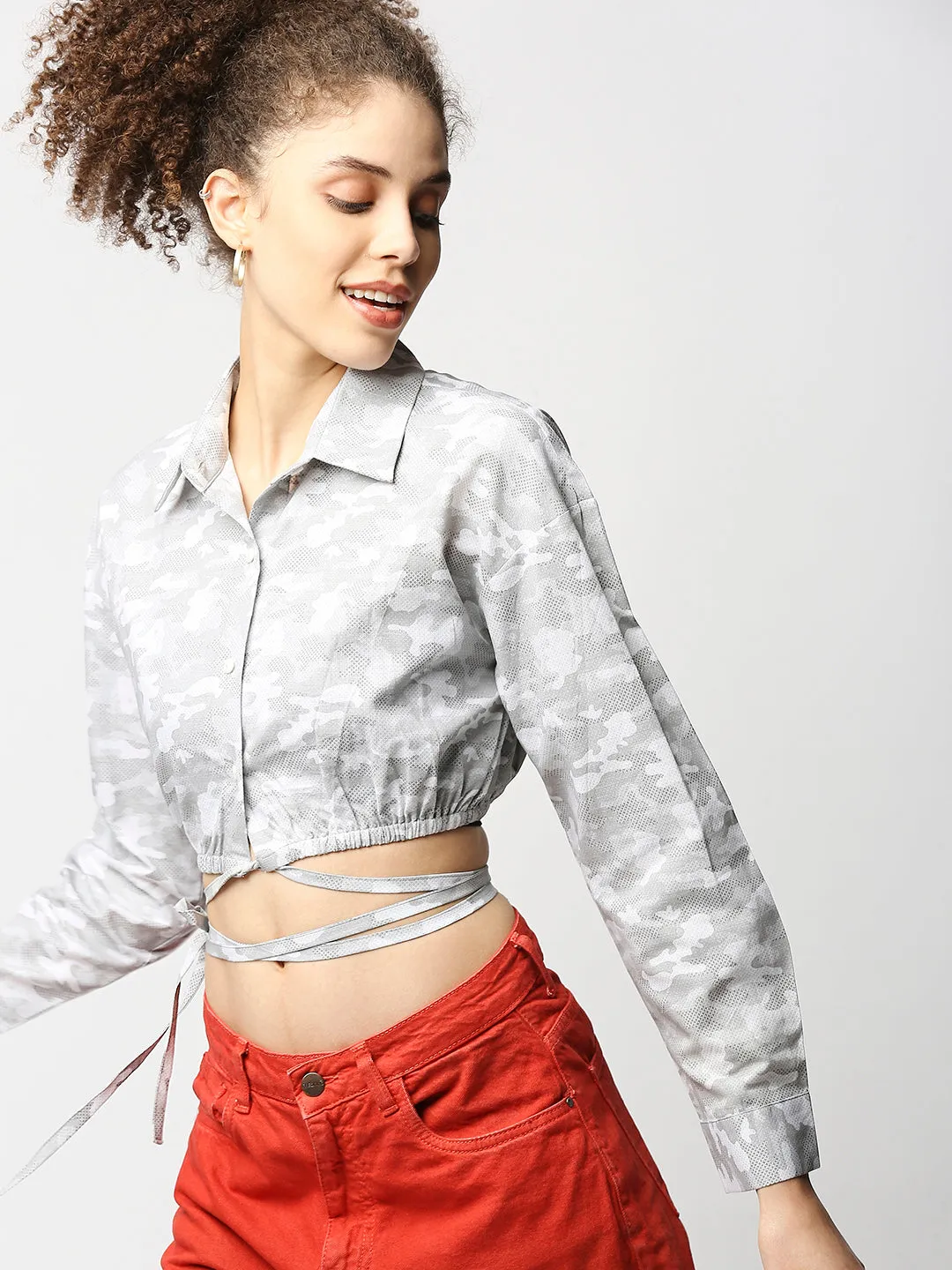 Disrupt Women Grey Camouflage Tie-up Cropped Shirt