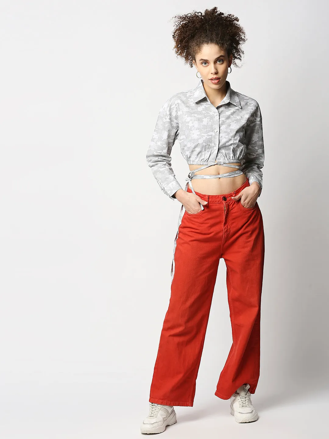 Disrupt Women Grey Camouflage Tie-up Cropped Shirt