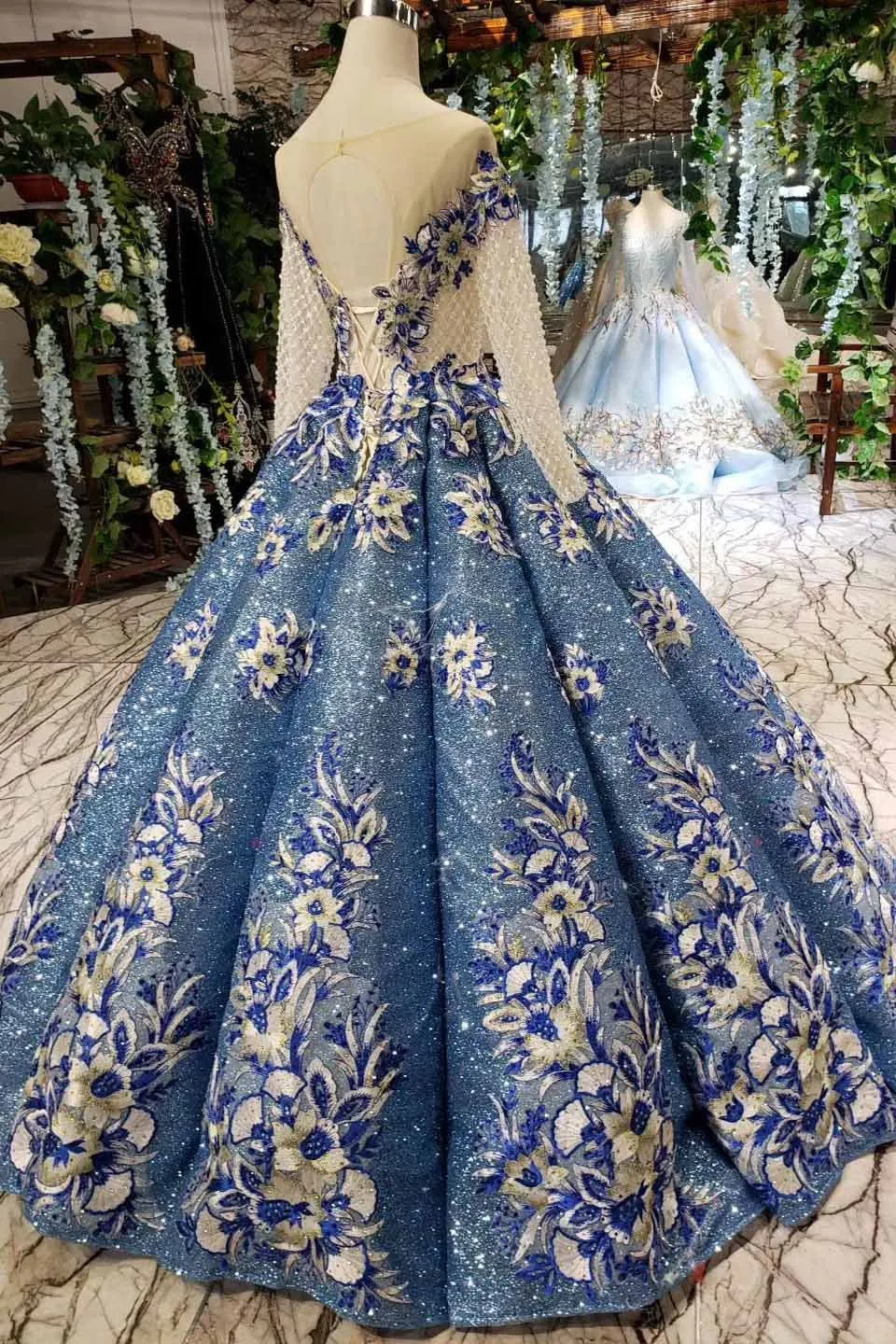 Glitter Beaded Appliques Long Sleeves Blue Ball Gown Quinceanera Gown MP343