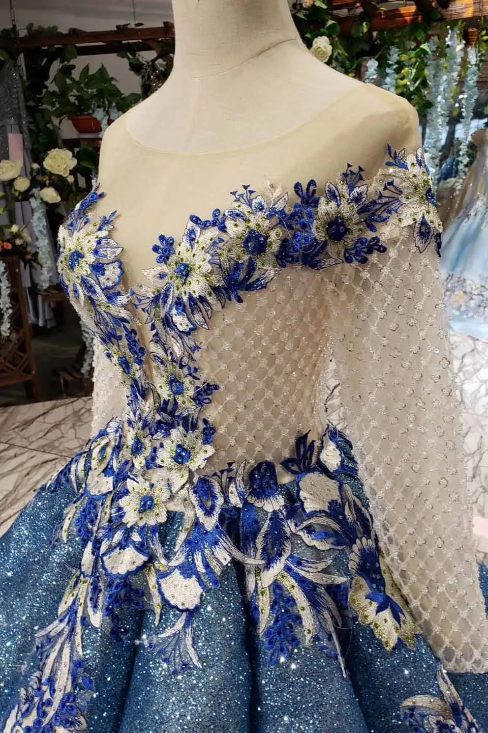 Glitter Beaded Appliques Long Sleeves Blue Ball Gown Quinceanera Gown MP343