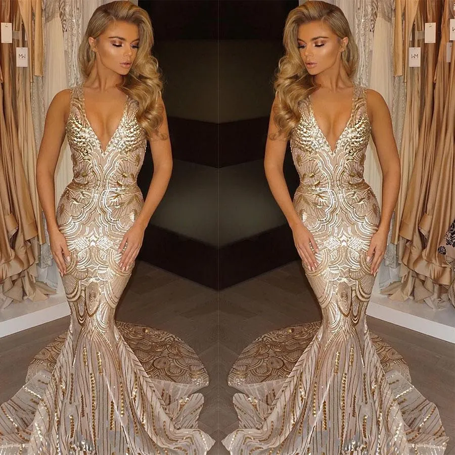 Golden Trumpet Court Train Deep V Neck Sleeveless Sparkle Long Prom Dress  AHC551
