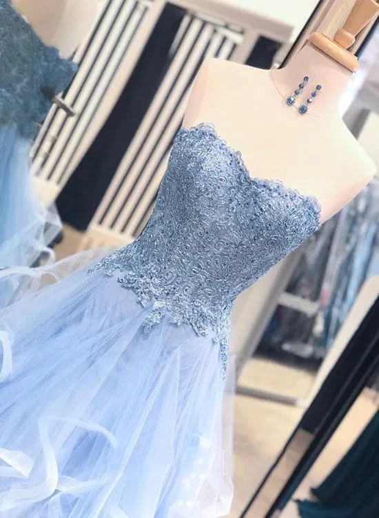 Gorgeous A Line Sweetheart Appliques Lace Prom Dresses with Ruffles  AHC546