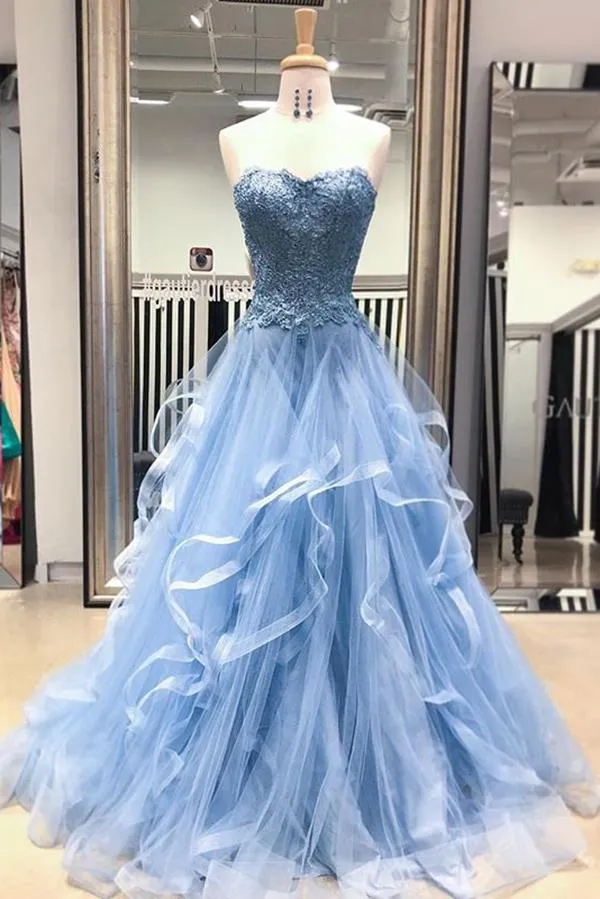 Gorgeous A Line Sweetheart Appliques Lace Prom Dresses with Ruffles  AHC546