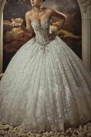 Gothic Style Corset Ball Gown Lace Wedding Dress Sweetheart Beaded Bridal Dress N1299