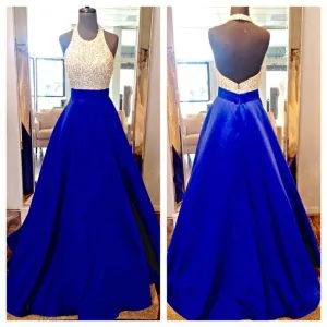 High Neck Royal Blue Long Prom Dresses,Bodice Beads Evening Prom Dress Ball Gown PFP0135