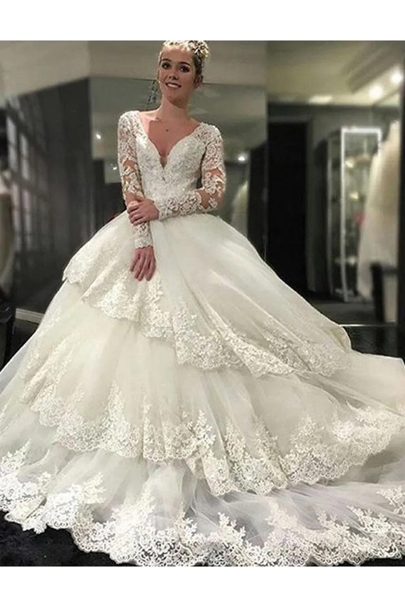 Ivory Deep V-Neck Long Sleeves Lace Appliques Chapel Train Tiered Wedding Dress N2083