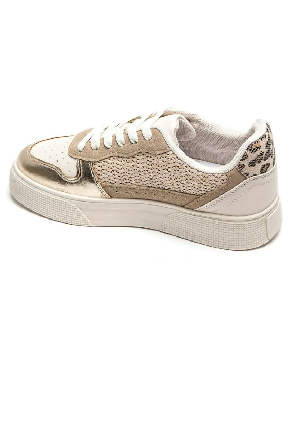 KHAKI GOLD LEOPARD CHUNKY FLAT LACE UP TRAINER
