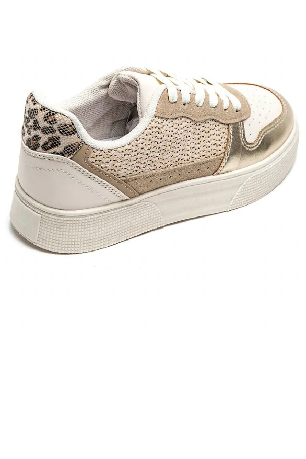 KHAKI GOLD LEOPARD CHUNKY FLAT LACE UP TRAINER