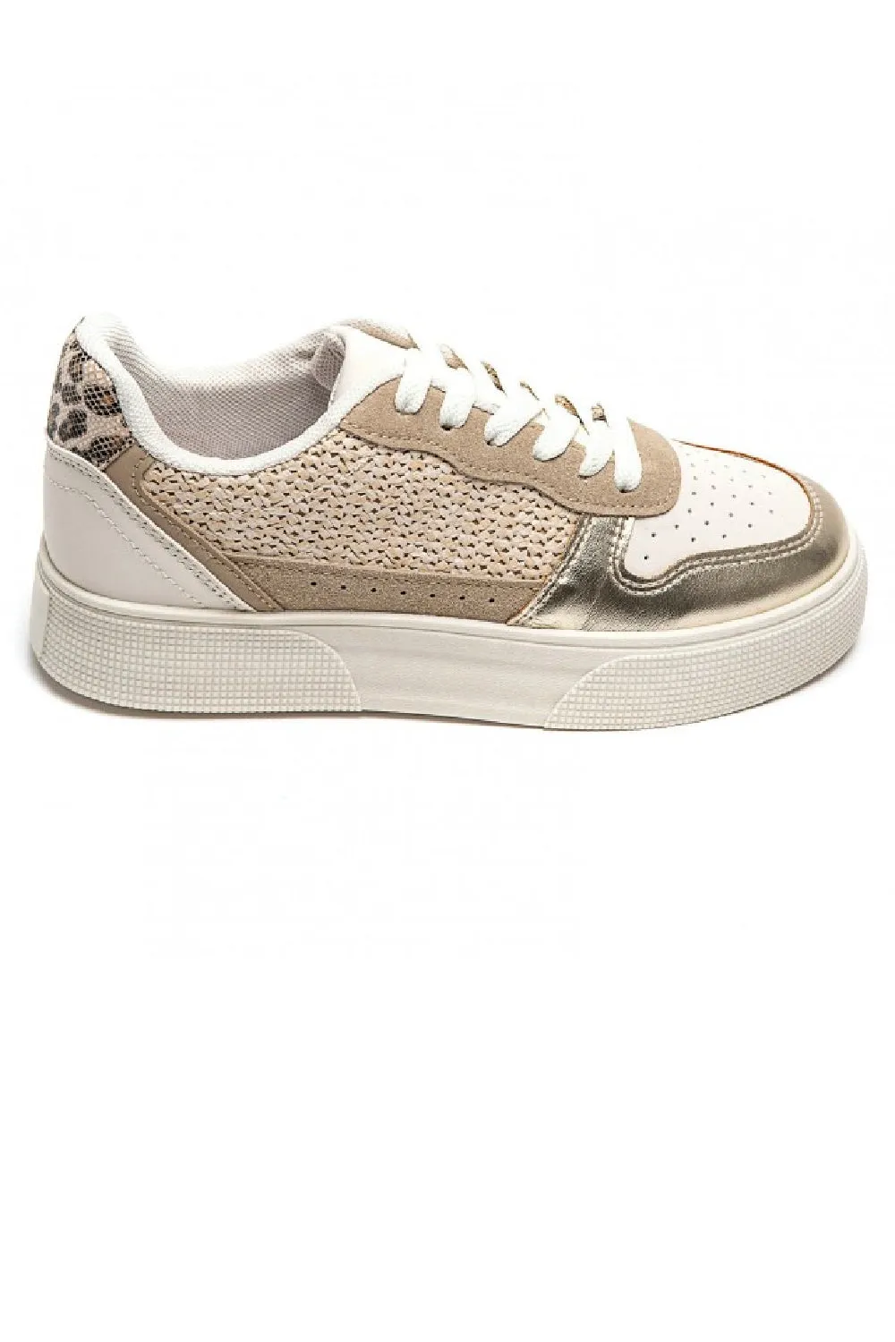 KHAKI GOLD LEOPARD CHUNKY FLAT LACE UP TRAINER