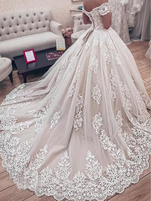 Luxurious  Ivory Lace Ball Gown Off Shoulder Lace Up Wedding Dress with Appliques, SW292