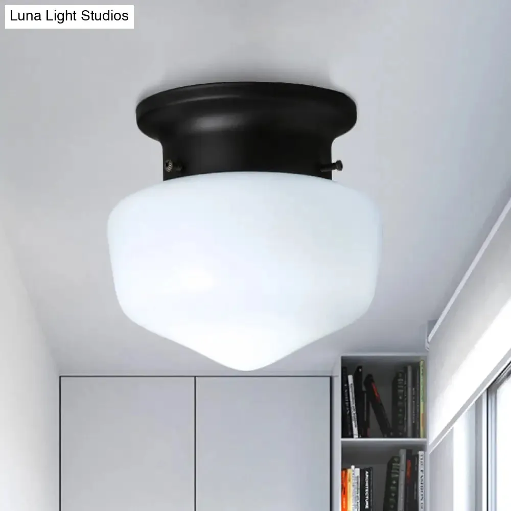 Modern Schoolhouse - White Glass Flush Mount Ceiling Light Fixture - Black Finish