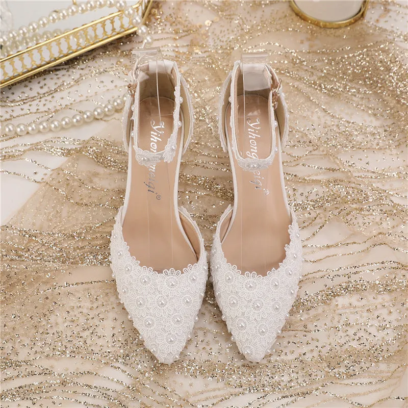 New Arrival White Lace Pearl Pointed Toe Wedding Shoes
